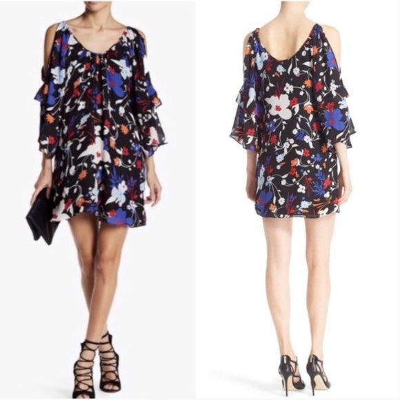 Parker Silk Mini Dress - Cold Shoulder - Black Floral - Picture 1 of 13